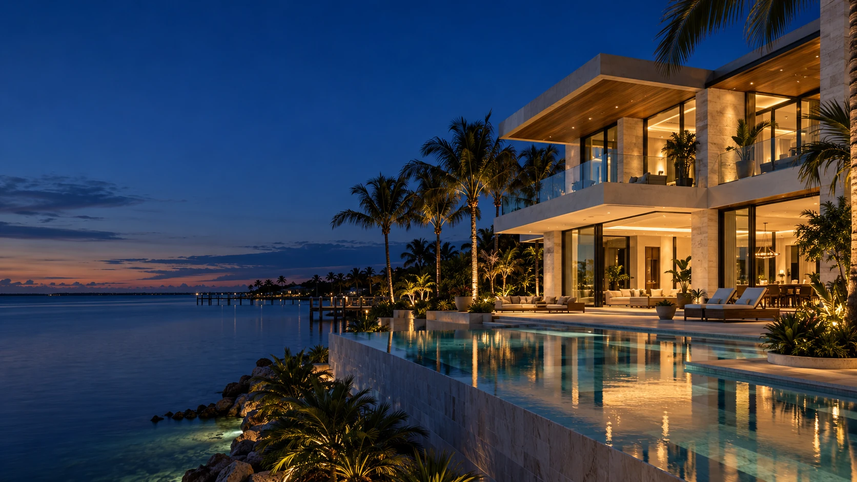 Modern waterfront estate at blue hour with illuminated interiors and pool